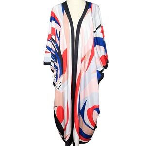 Maxi Duster Caftan Kimono Blue White Red Print Beachy Coverup SZ:OS